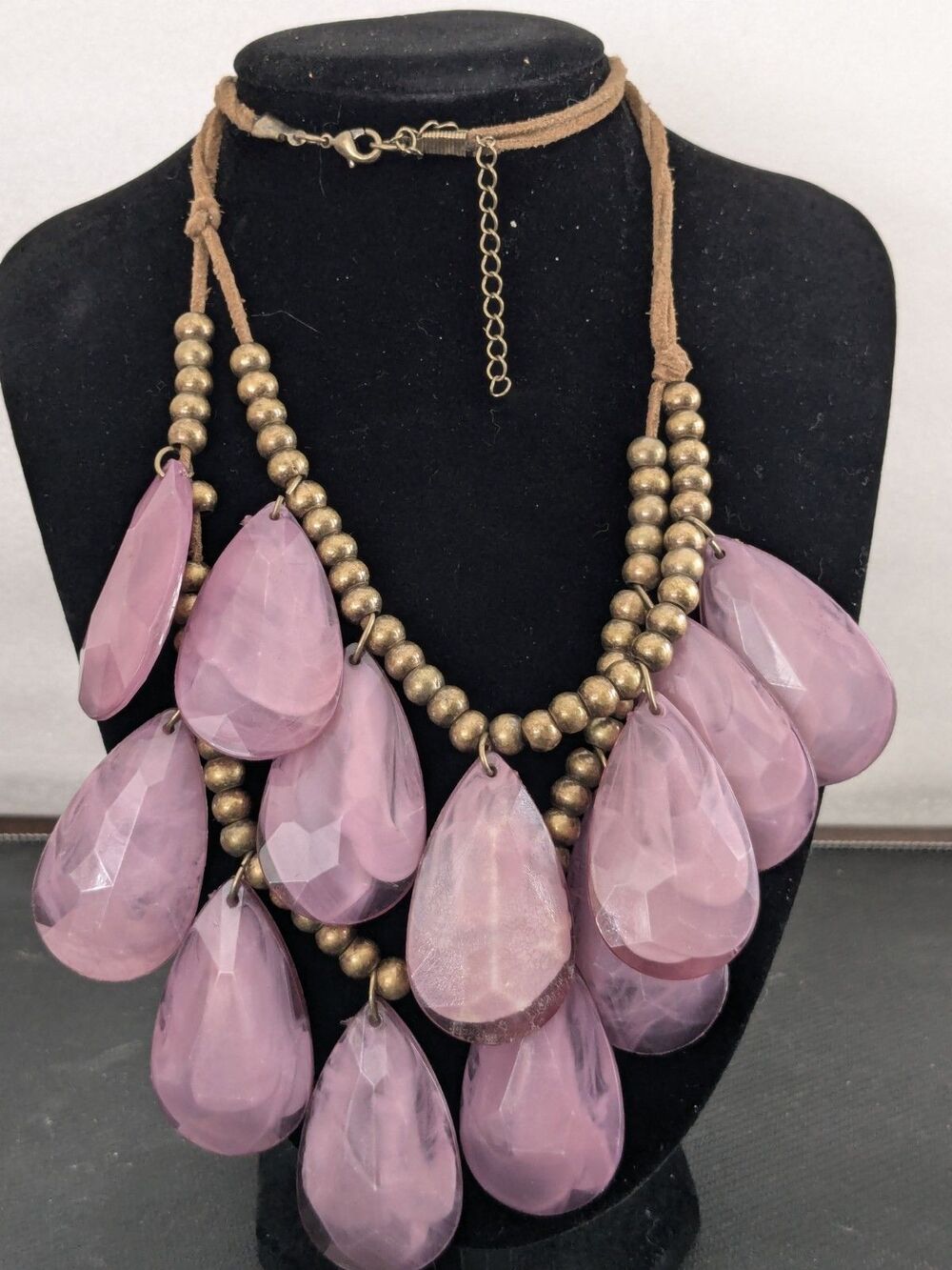 Faceted Dual Strand Leather Cord Necklace,Teardrop Beads With Metal Accents